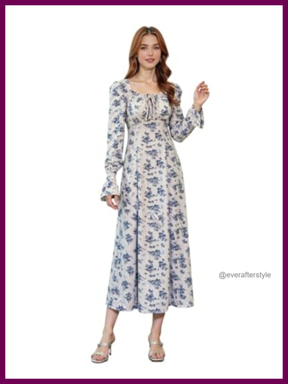 Boho Floral Long Sleeve Square Neck Smocked Midi Dress Women